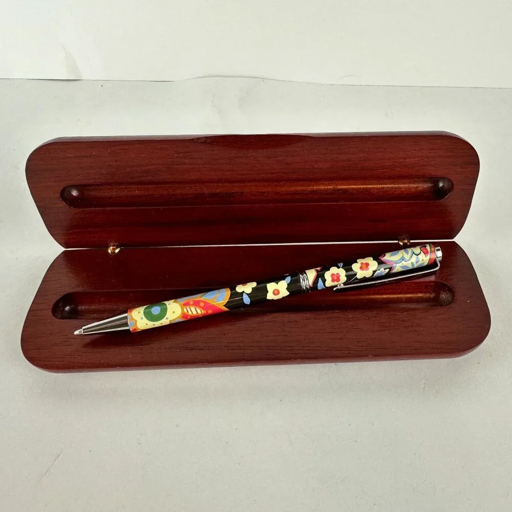 Vera Bradley Floral Patterned Ballpoint Pen With Wooden Case